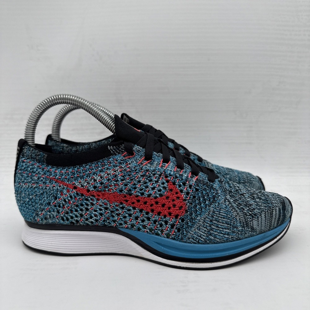 Nike Men's Sz 5 Flyknit Racer Neo Turquoise Blue Red Shoes Sneakers 526628-404